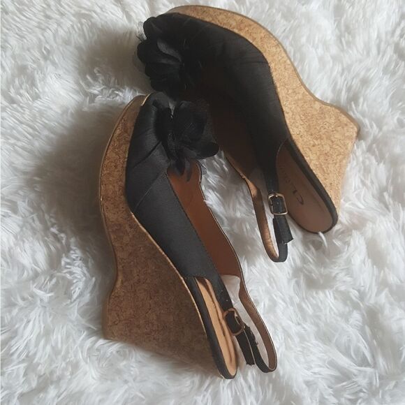 CL by Laundry Ilena Wedge Sandals Black Cork Open Toe Flower Top Shoes Size 7.5 - Picture 2 of 13